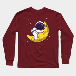 Cute Astronaut Sleeping On Moon Cartoon Long Sleeve T-Shirt